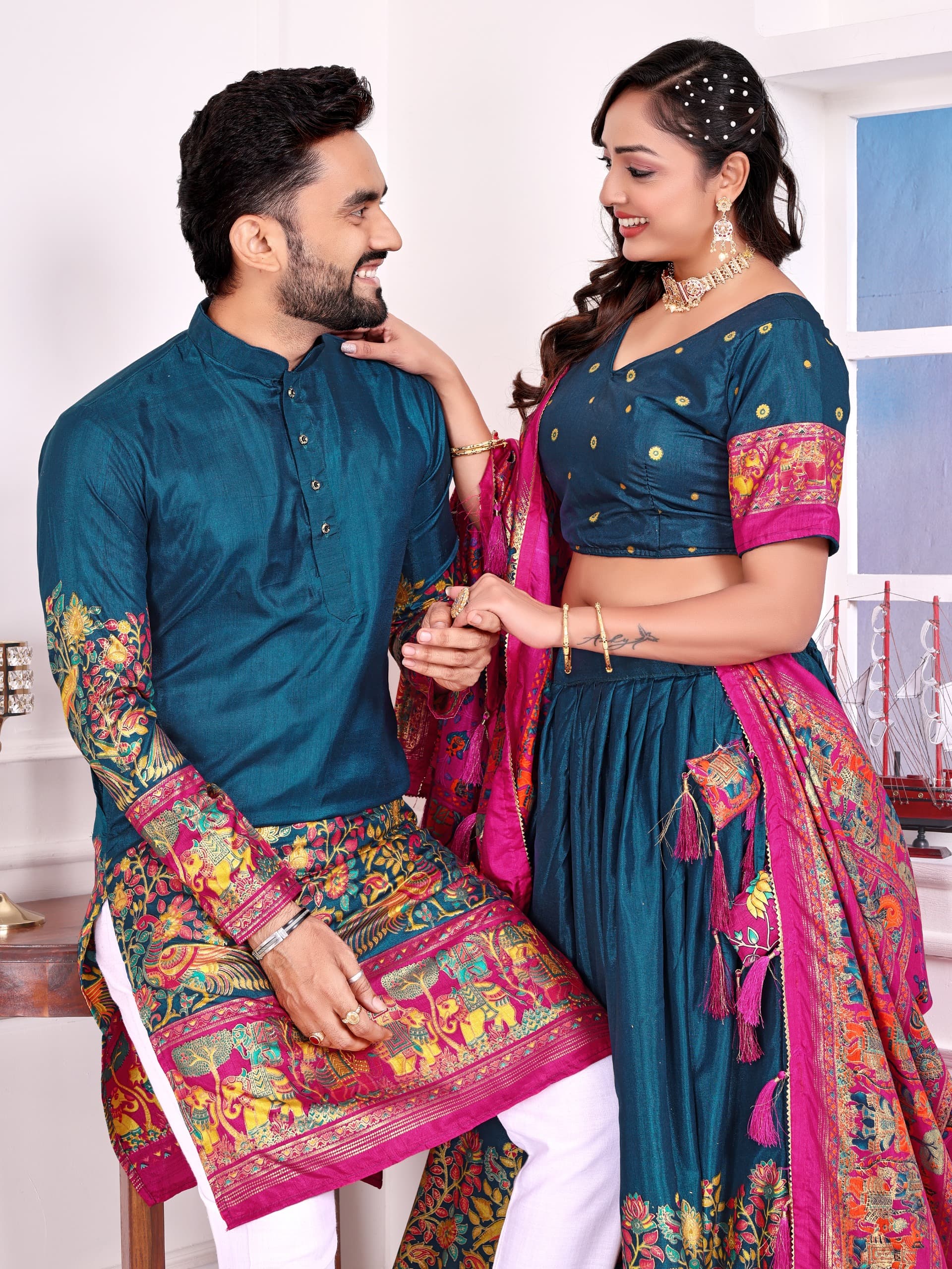 Navy Blue Dola Silk Couple Combo – New Festive Launch