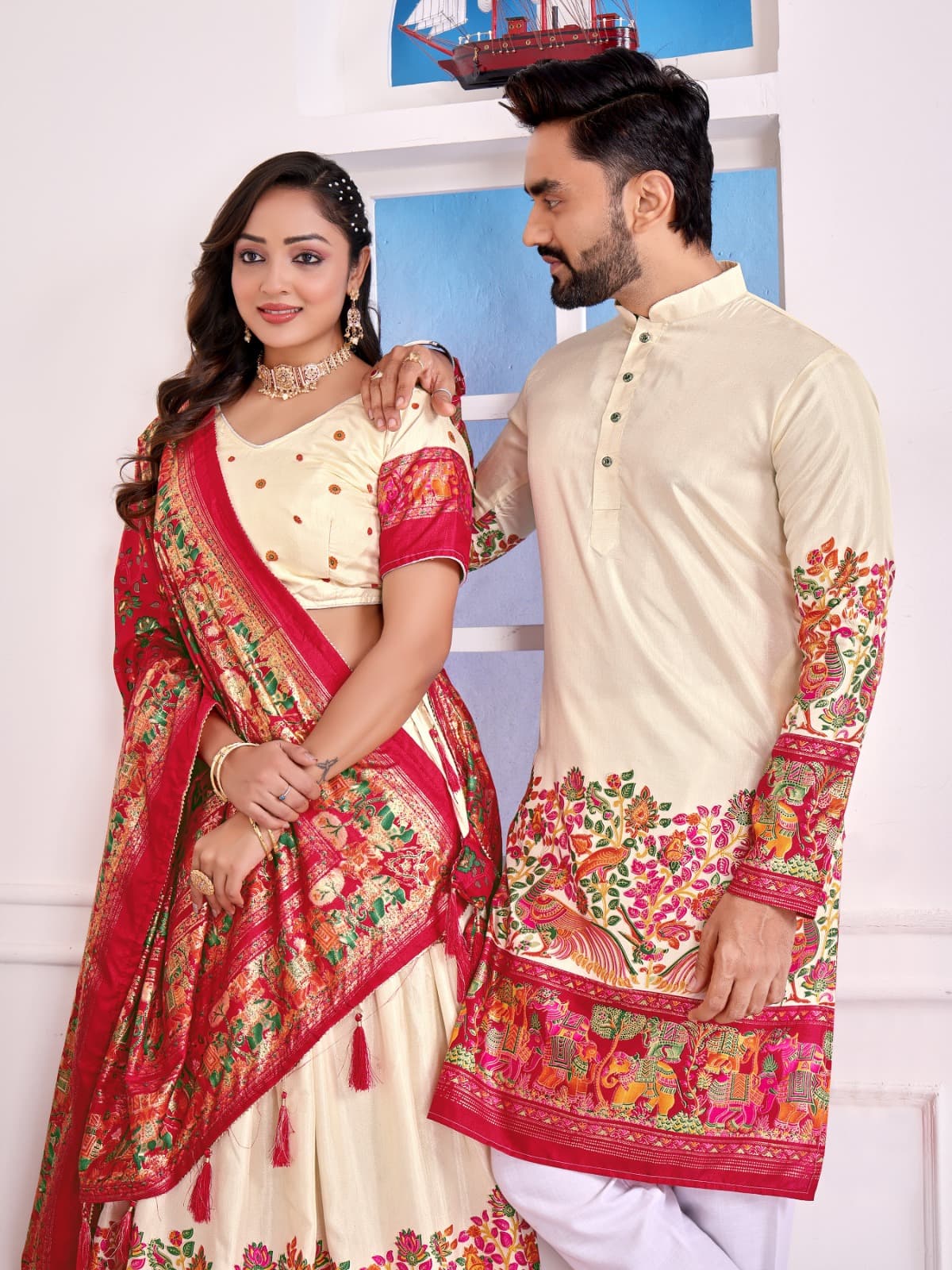 Cream Dola Silk Couple Combo – New Festive Launch