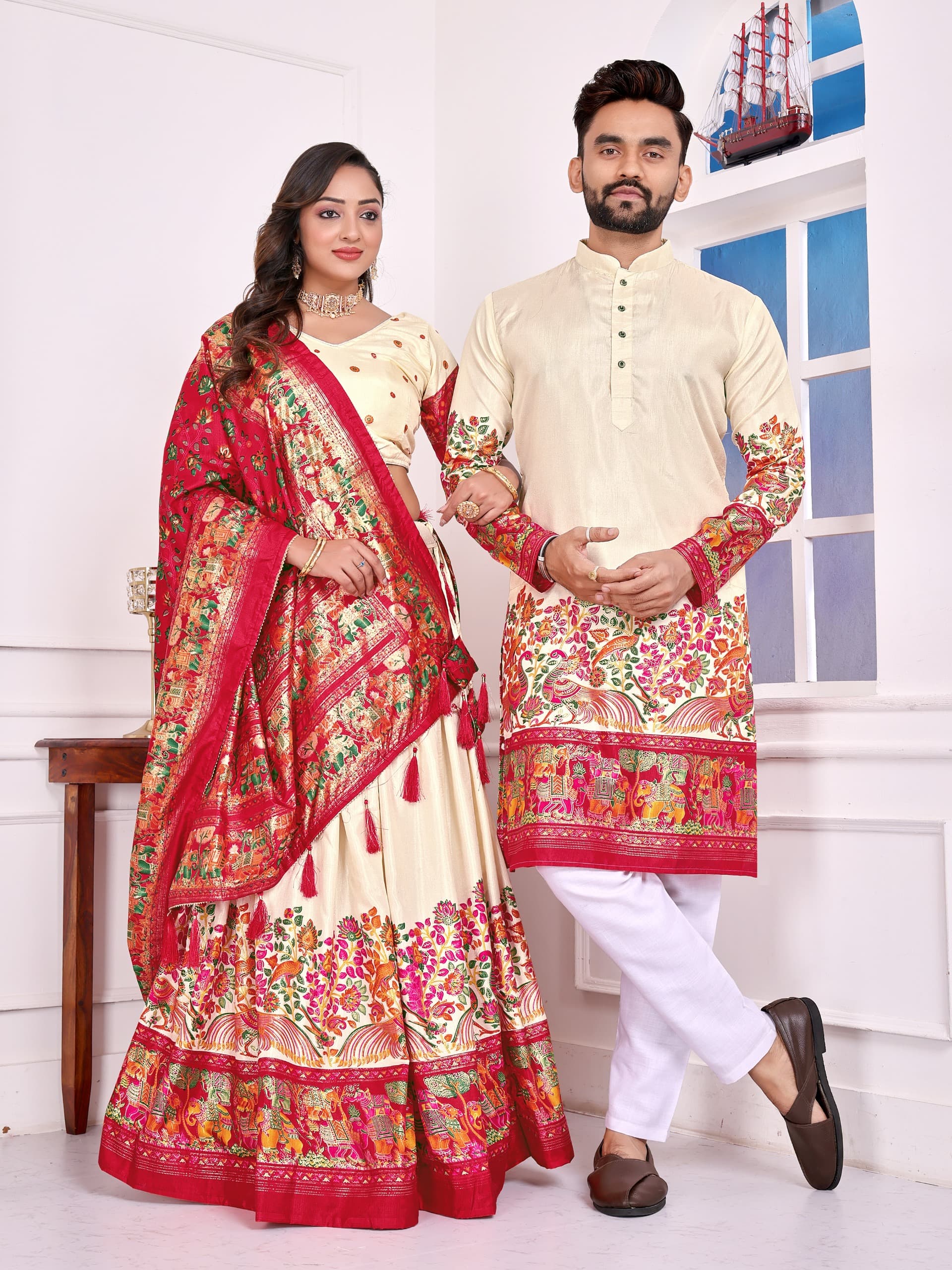 Cream Dola Silk Couple Combo – New Festive Launch