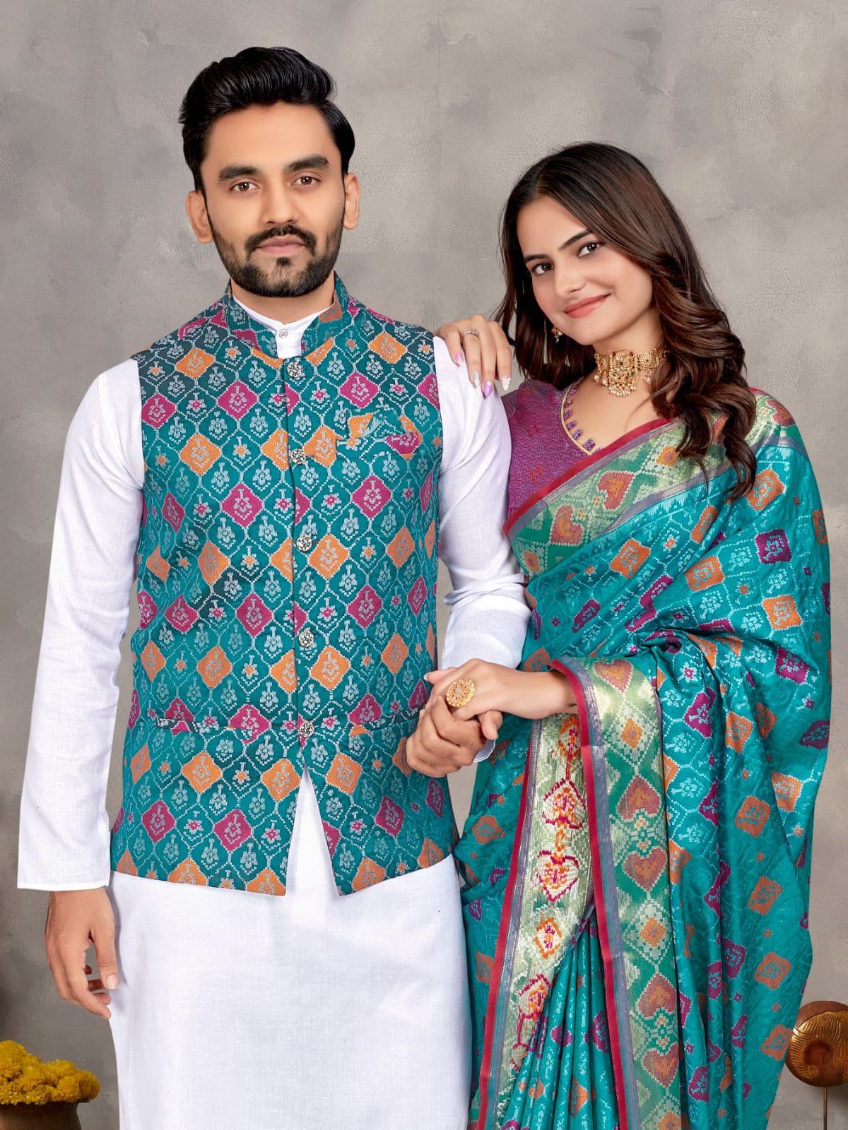 Royal Blue Jacquard Silk Couple Combo – Men's Kurta Pajama with Koti & Women's Saree Set