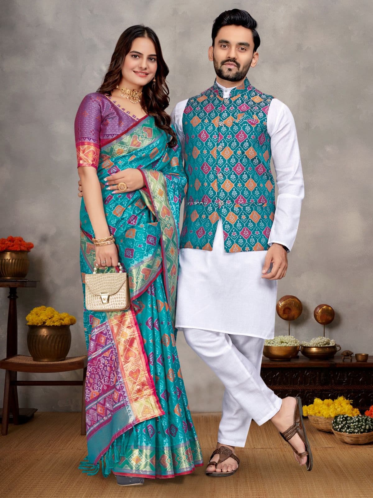 Royal Blue Jacquard Silk Couple Combo – Men's Kurta Pajama with Koti & Women's Saree Set