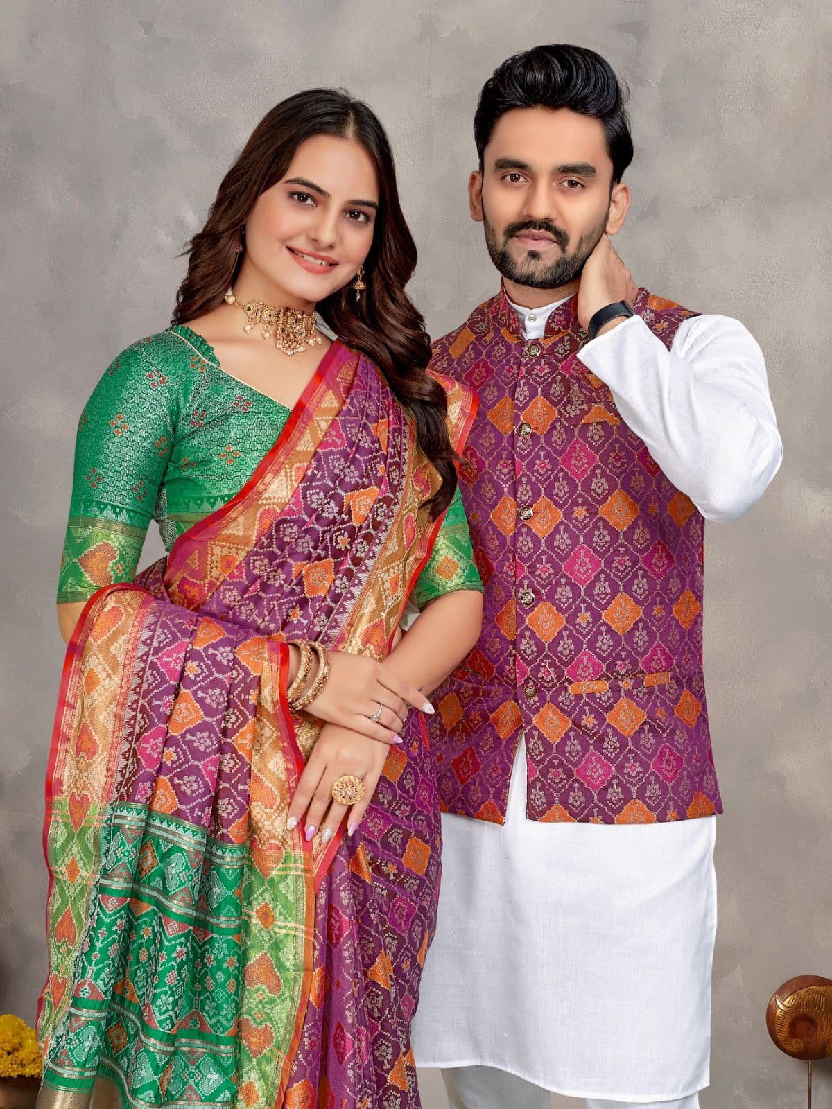 Magenta Jacquard Silk Couple Combo – Men's Kurta Pajama with Koti & Women's Saree Set