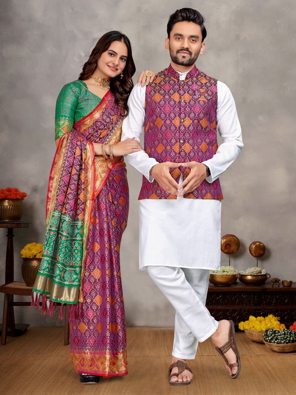 Magenta Jacquard Silk Couple Combo – Men's Kurta Pajama with Koti & Women's Saree Set