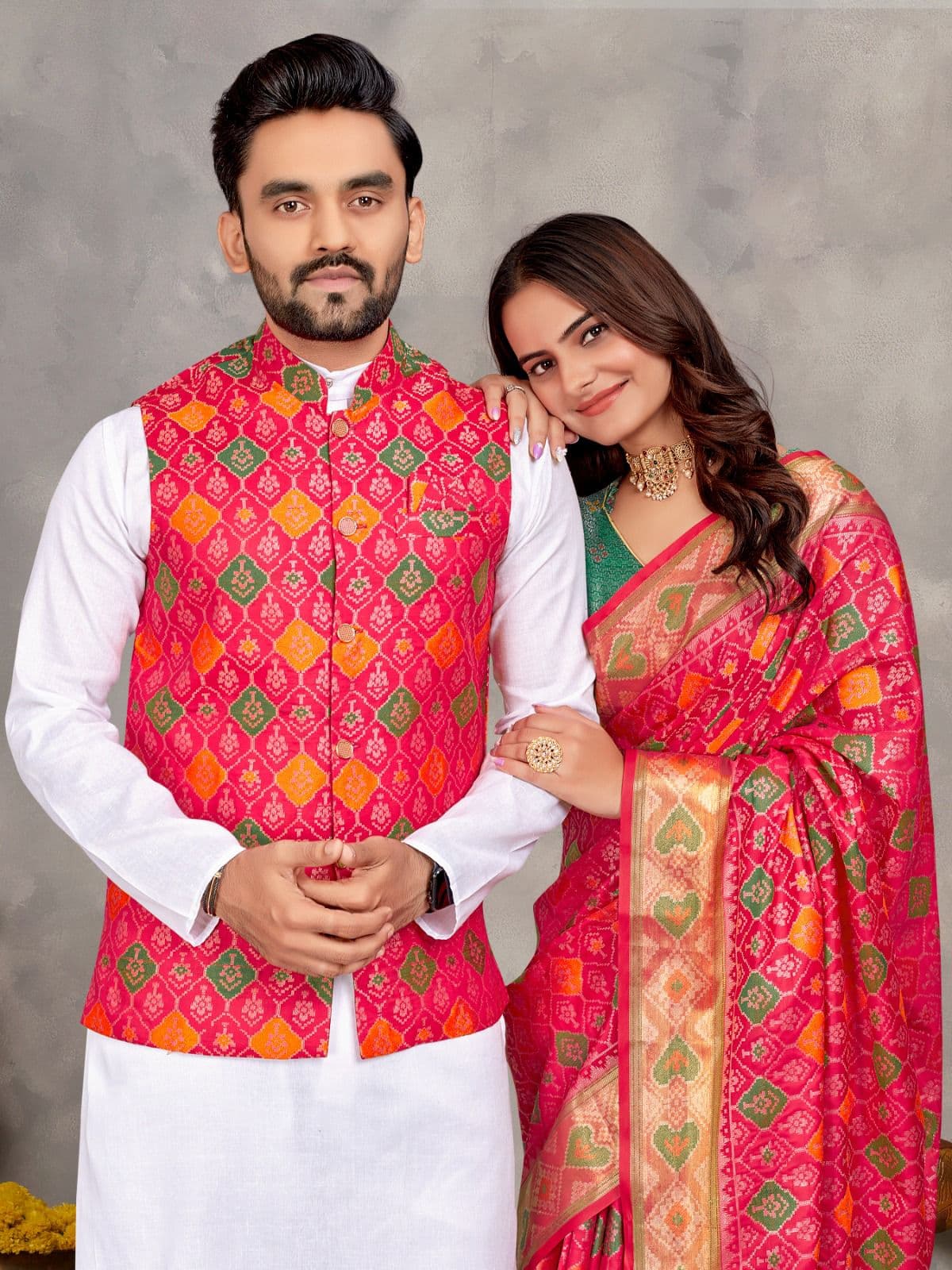 Pinkish Red Jacquard Silk Couple Combo – Men's Kurta Pajama with Koti & Women's Saree Set