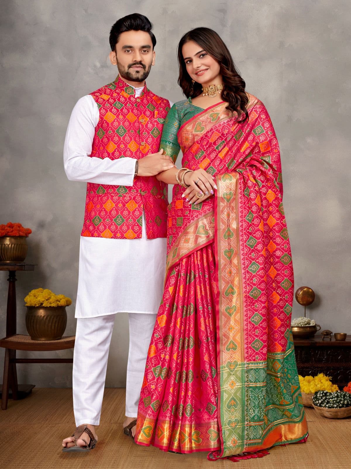 Pinkish Red Jacquard Silk Couple Combo – Men's Kurta Pajama with Koti & Women's Saree Set