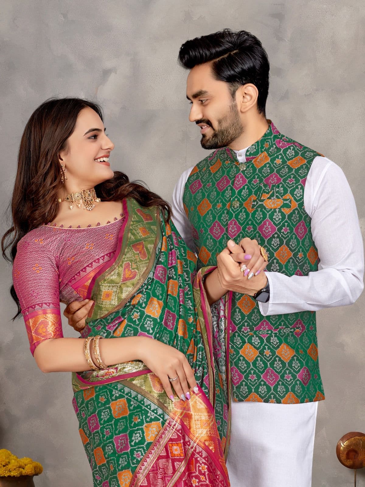 Mineral Green Jacquard Silk Couple Combo – Men's Kurta Pajama with Koti & Women's Saree Set
