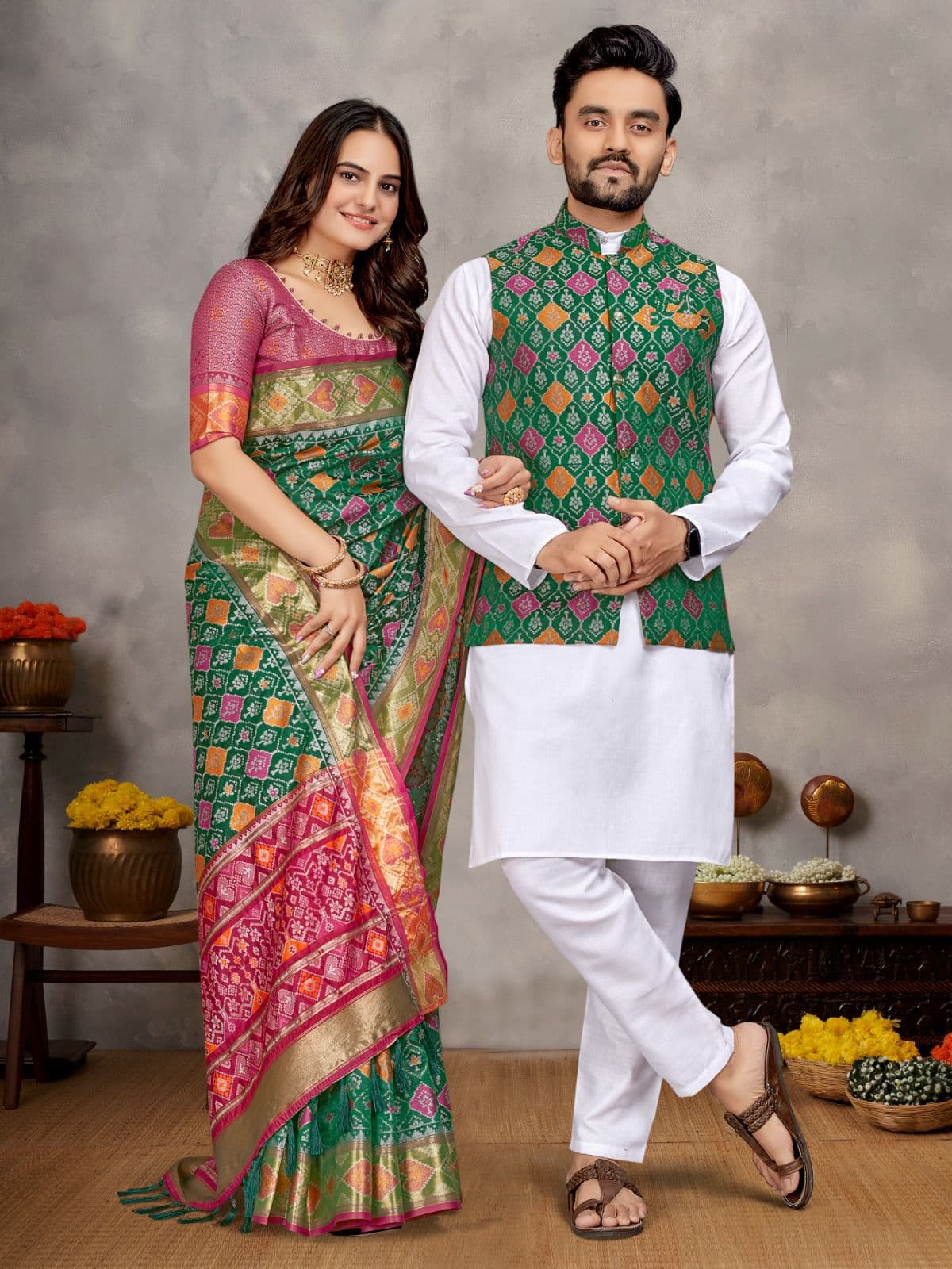 Mineral Green Jacquard Silk Couple Combo – Men's Kurta Pajama with Koti & Women's Saree Set
