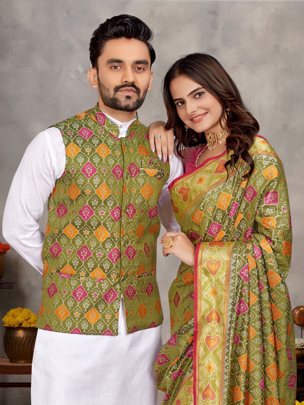 Reef Gold Jacquard Silk Couple Combo – Men's Kurta Pajama with Koti & Women's Saree Set