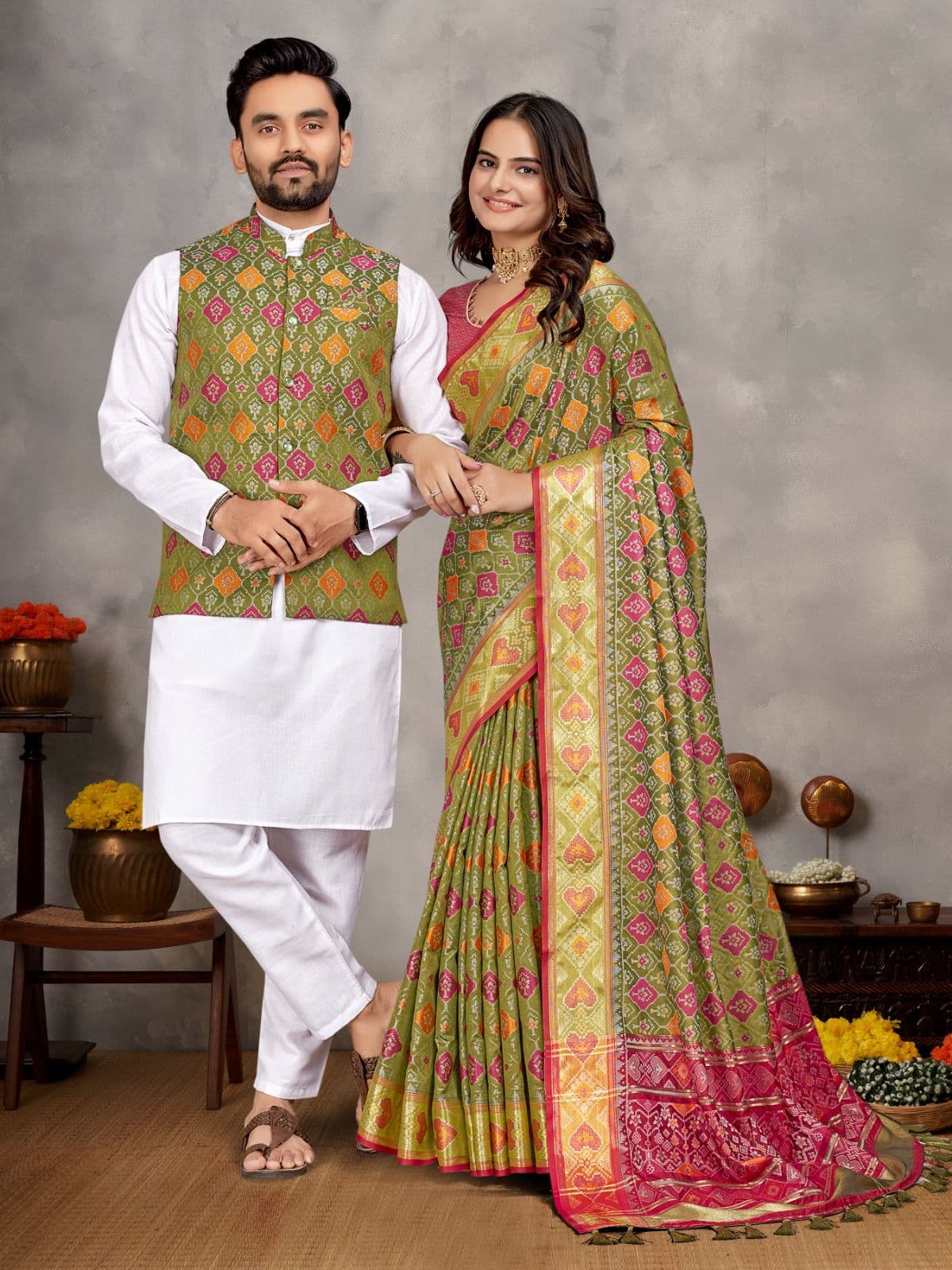 Reef Gold Jacquard Silk Couple Combo – Men's Kurta Pajama with Koti & Women's Saree Set