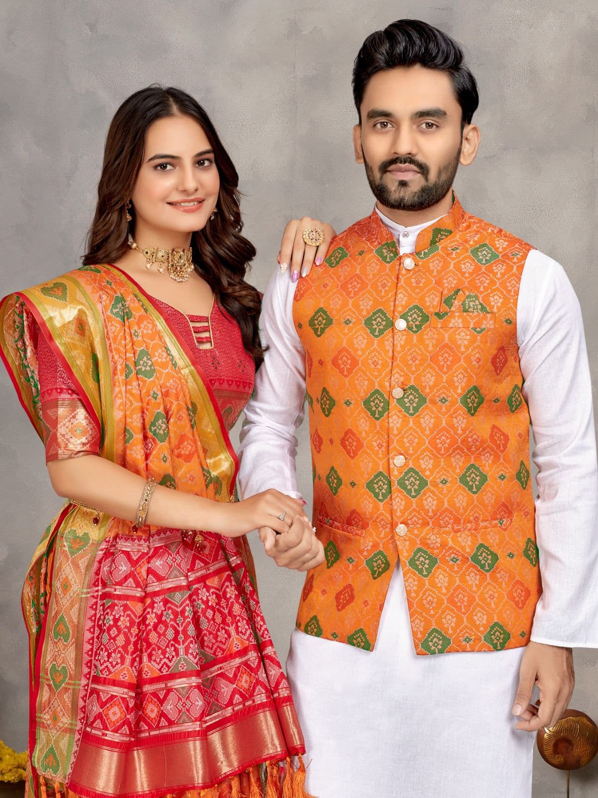 Carrot Orange Jacquard Silk Couple Combo – Men's Kurta Pajama with Koti & Women's Saree Set