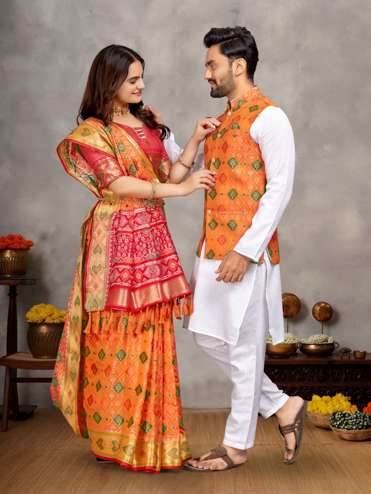 Carrot Orange Jacquard Silk Couple Combo – Men's Kurta Pajama with Koti & Women's Saree Set