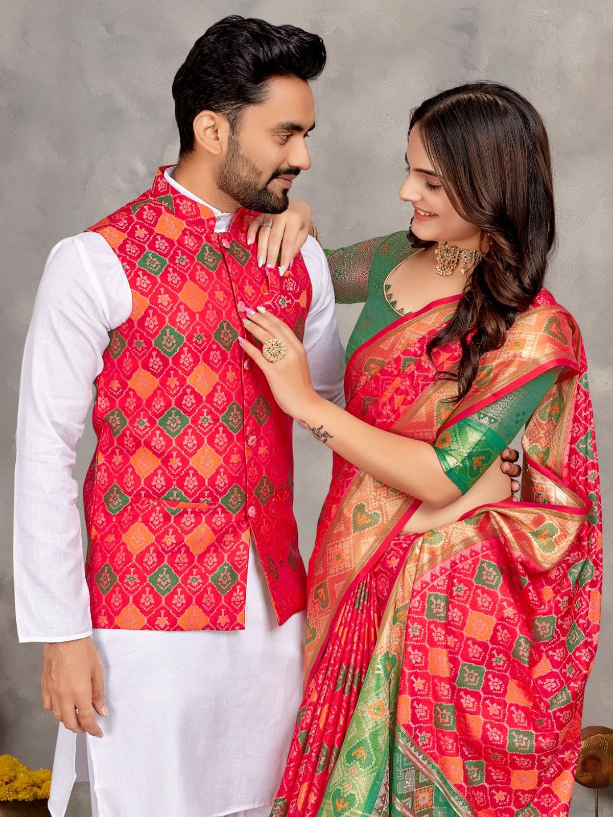 Red Jacquard Silk Couple Combo – Men's Kurta Pajama with Koti & Women's Saree Set
