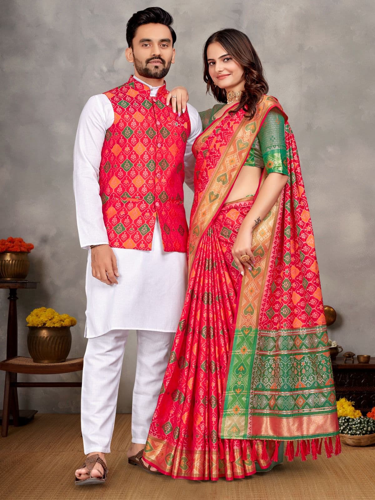 Red Jacquard Silk Couple Combo – Men's Kurta Pajama with Koti & Women's Saree Set