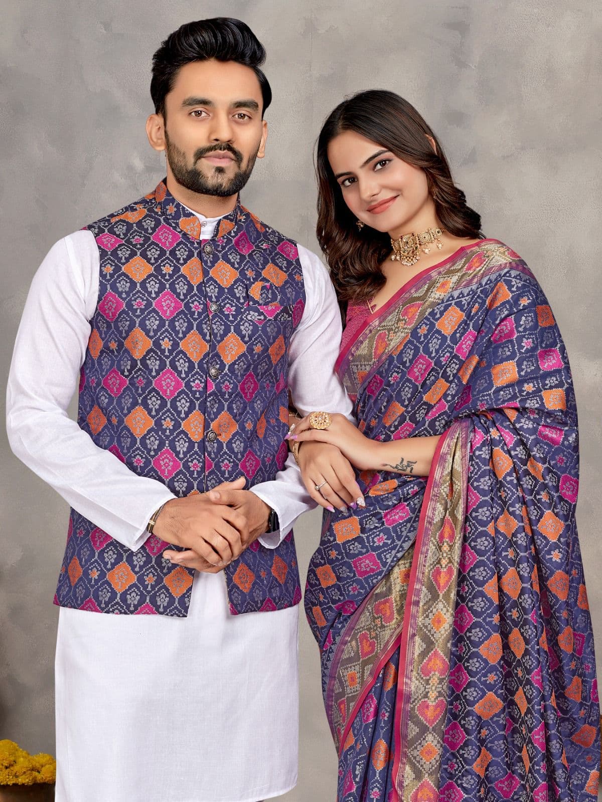 Purple Jacquard Silk Couple Combo – Men's Kurta Pajama with Koti & Women's Saree Set