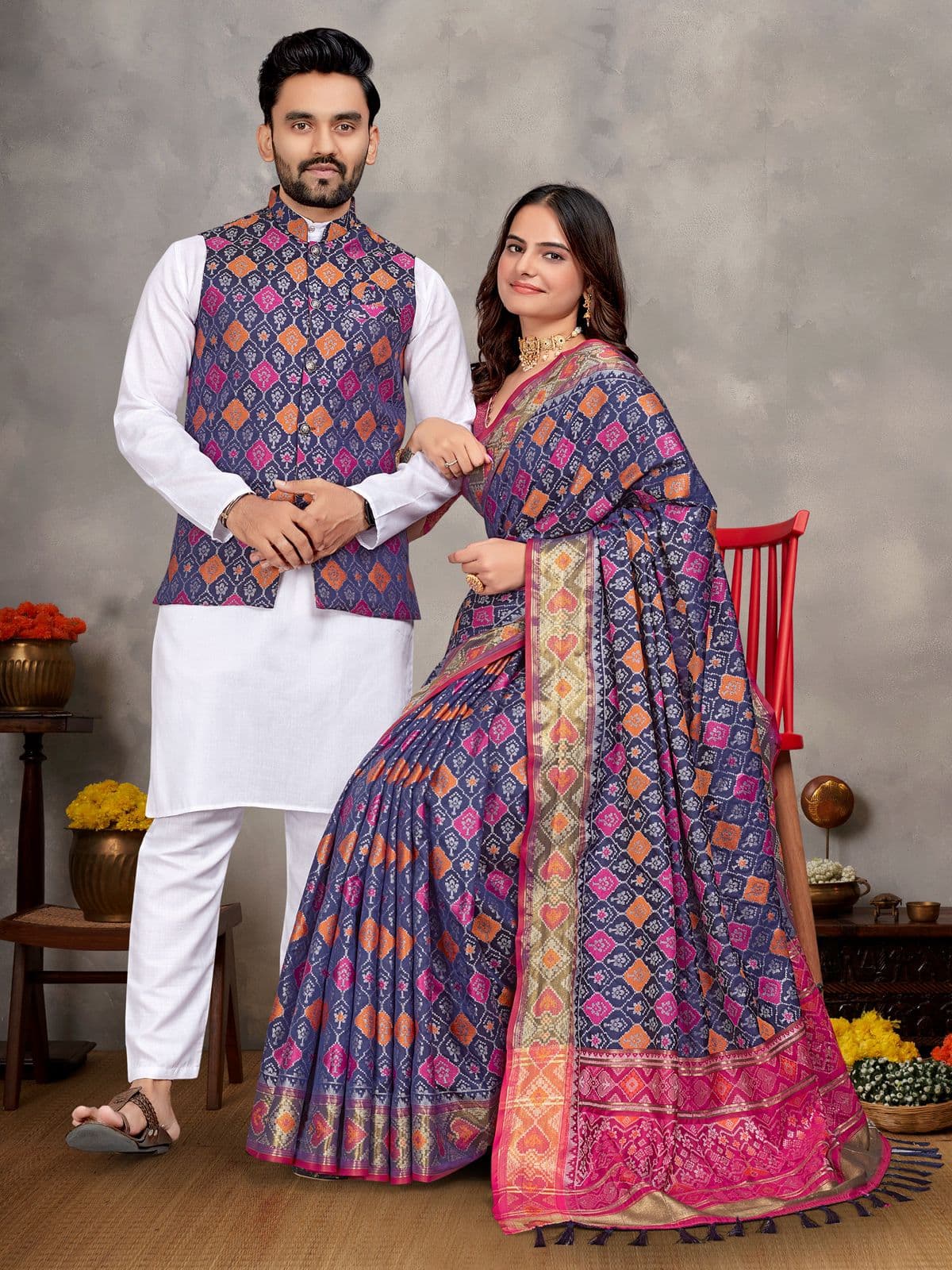 Purple Jacquard Silk Couple Combo – Men's Kurta Pajama with Koti & Women's Saree Set