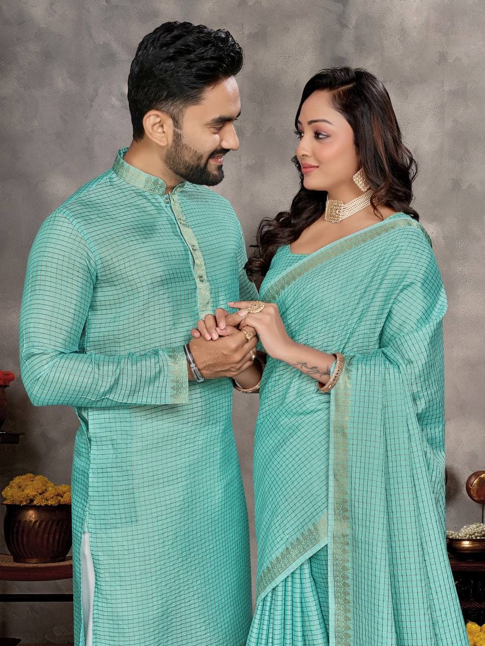 Blue Silk Men's Kurta & Female Saree Couple Combo