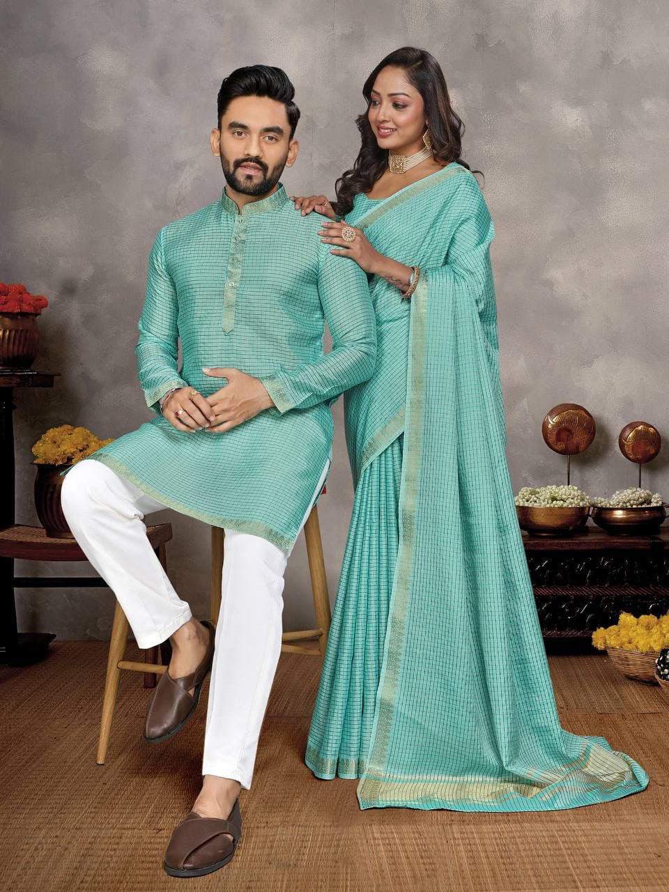 Blue Silk Men's Kurta & Female Saree Couple Combo