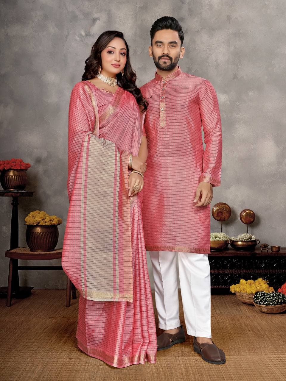Pink Silk Men's Kurta & Female Saree Couple Combo
