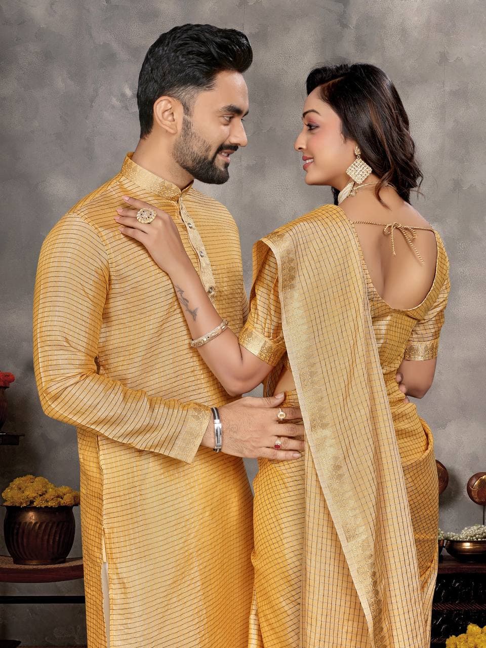 Gold Silk Men's Kurta & Female Saree Couple Combo