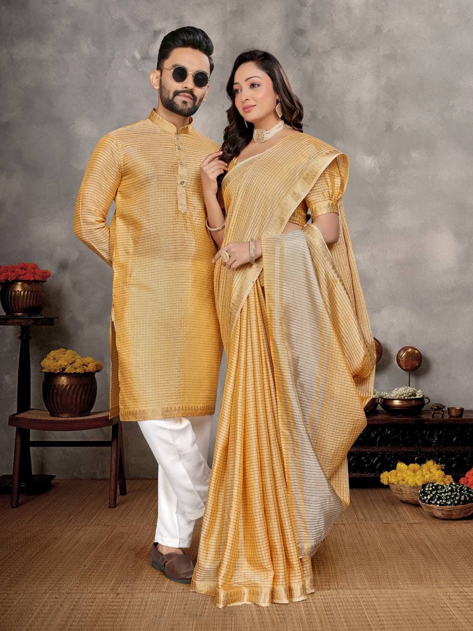 Gold Silk Men's Kurta & Female Saree Couple Combo