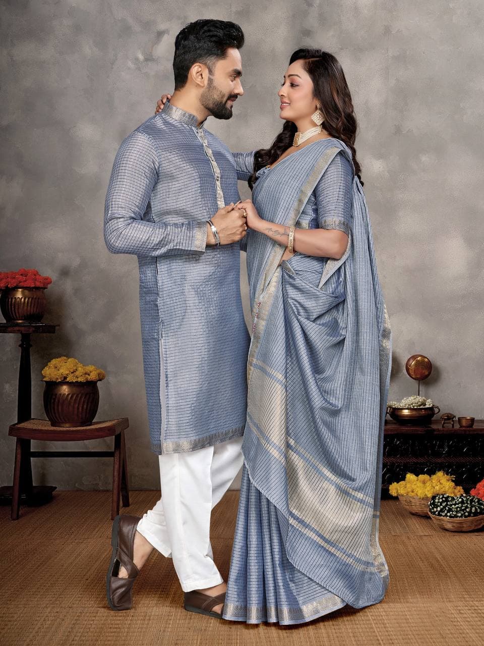 Grey Silk Men's Kurta & Female Saree Couple Combo