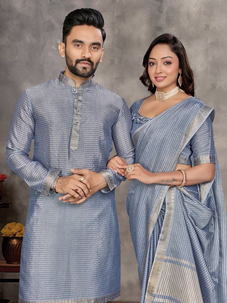 Grey Silk Men's Kurta & Female Saree Couple Combo