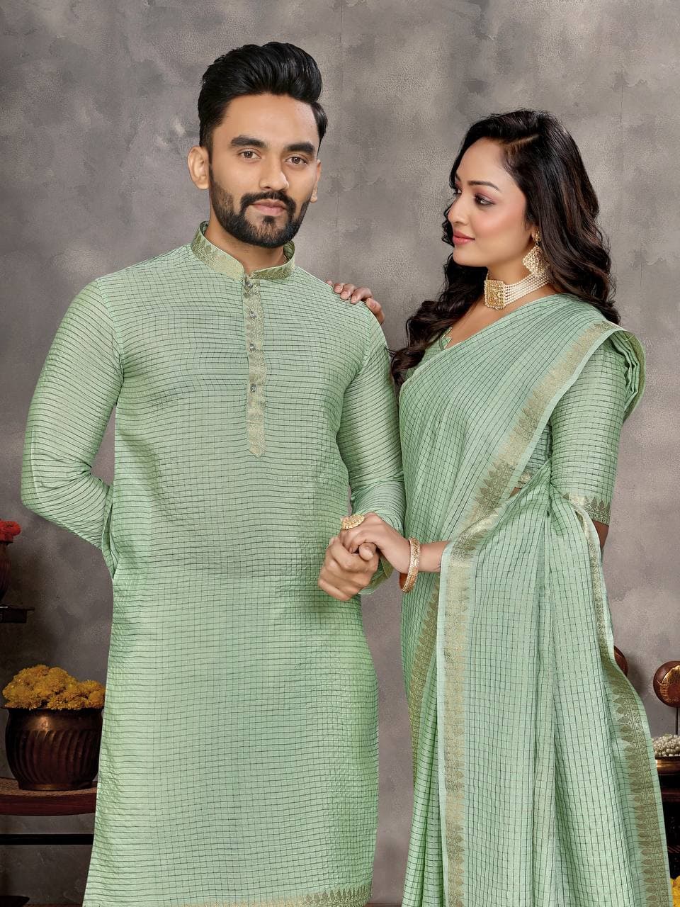 Green Silk Men's Kurta & Female Saree Couple Combo
