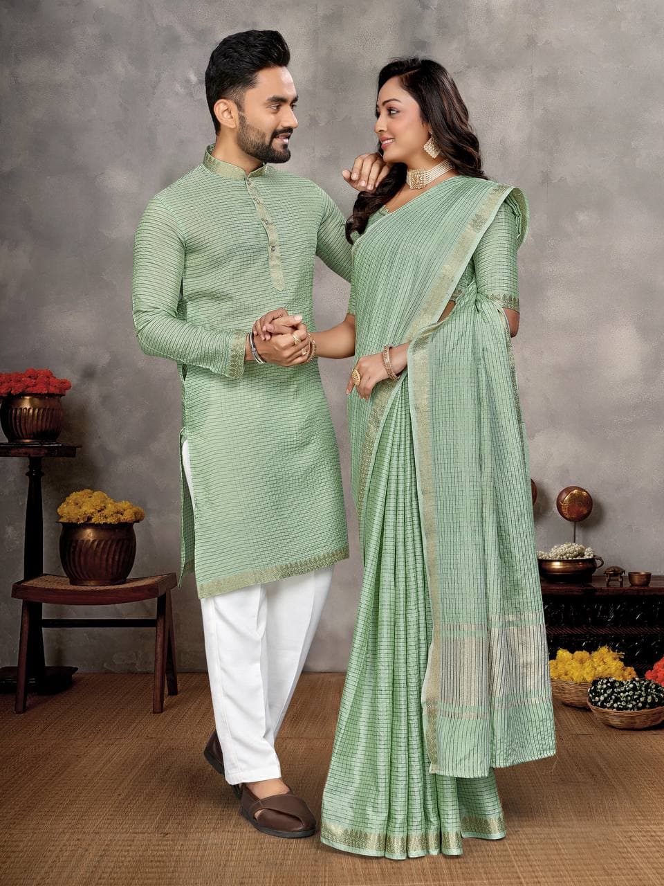 Green Silk Men's Kurta & Female Saree Couple Combo