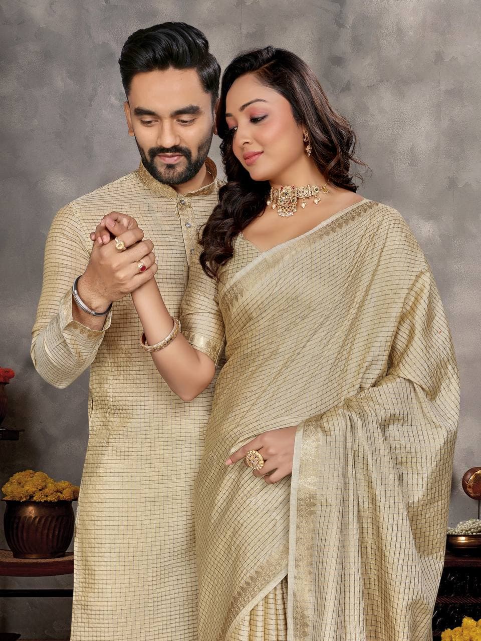 Stone Silk Men's Kurta & Female Saree Couple Combo