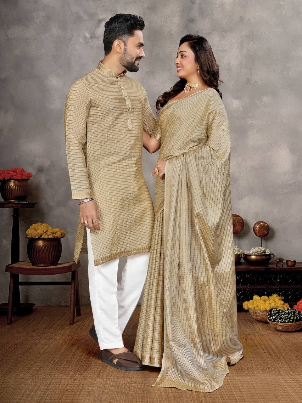 Stone Silk Men's Kurta & Female Saree Couple Combo