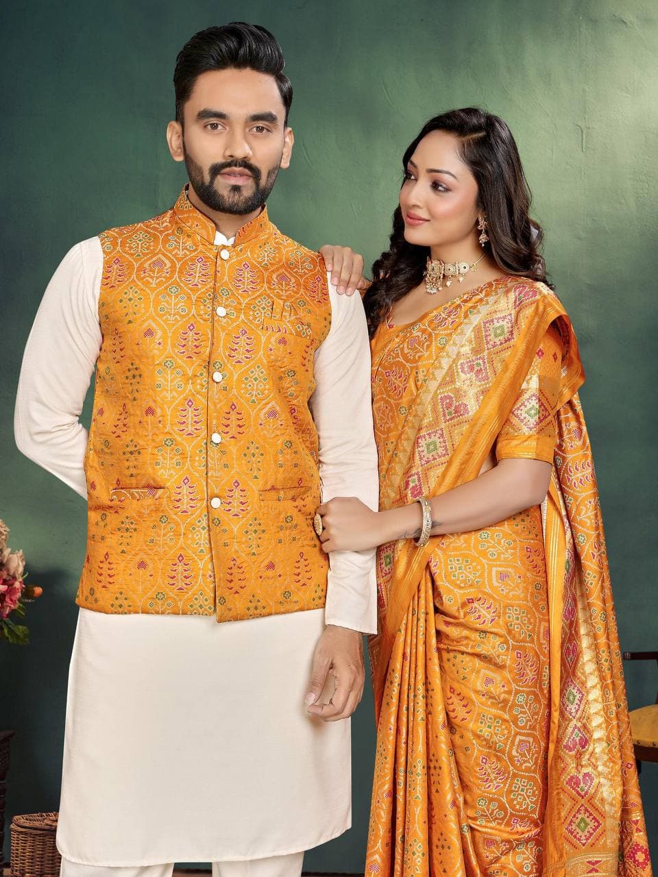 Yellow Silk Men's Kurta + Koti & Female Saree Couple Combo