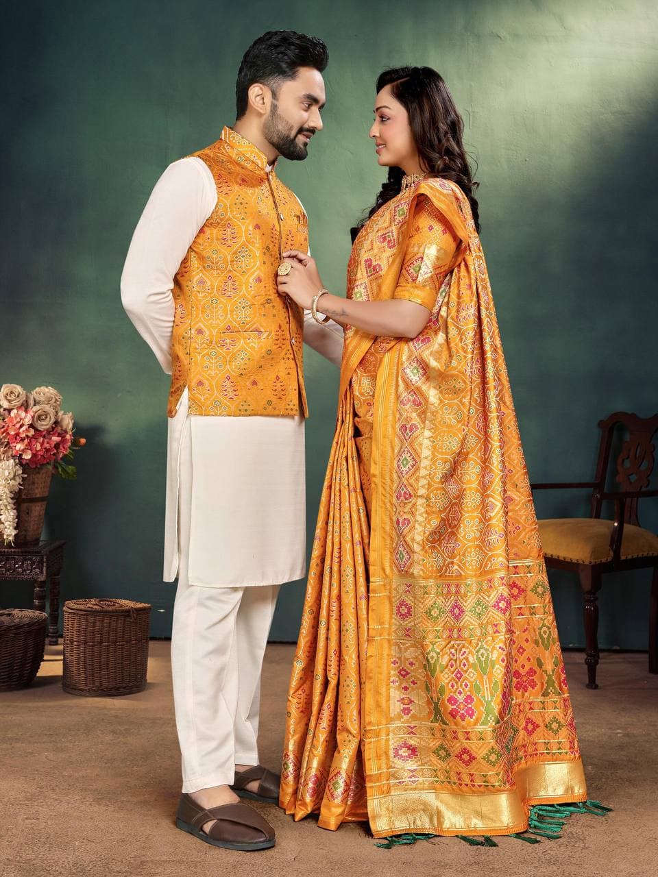 Yellow Silk Men's Kurta + Koti & Female Saree Couple Combo