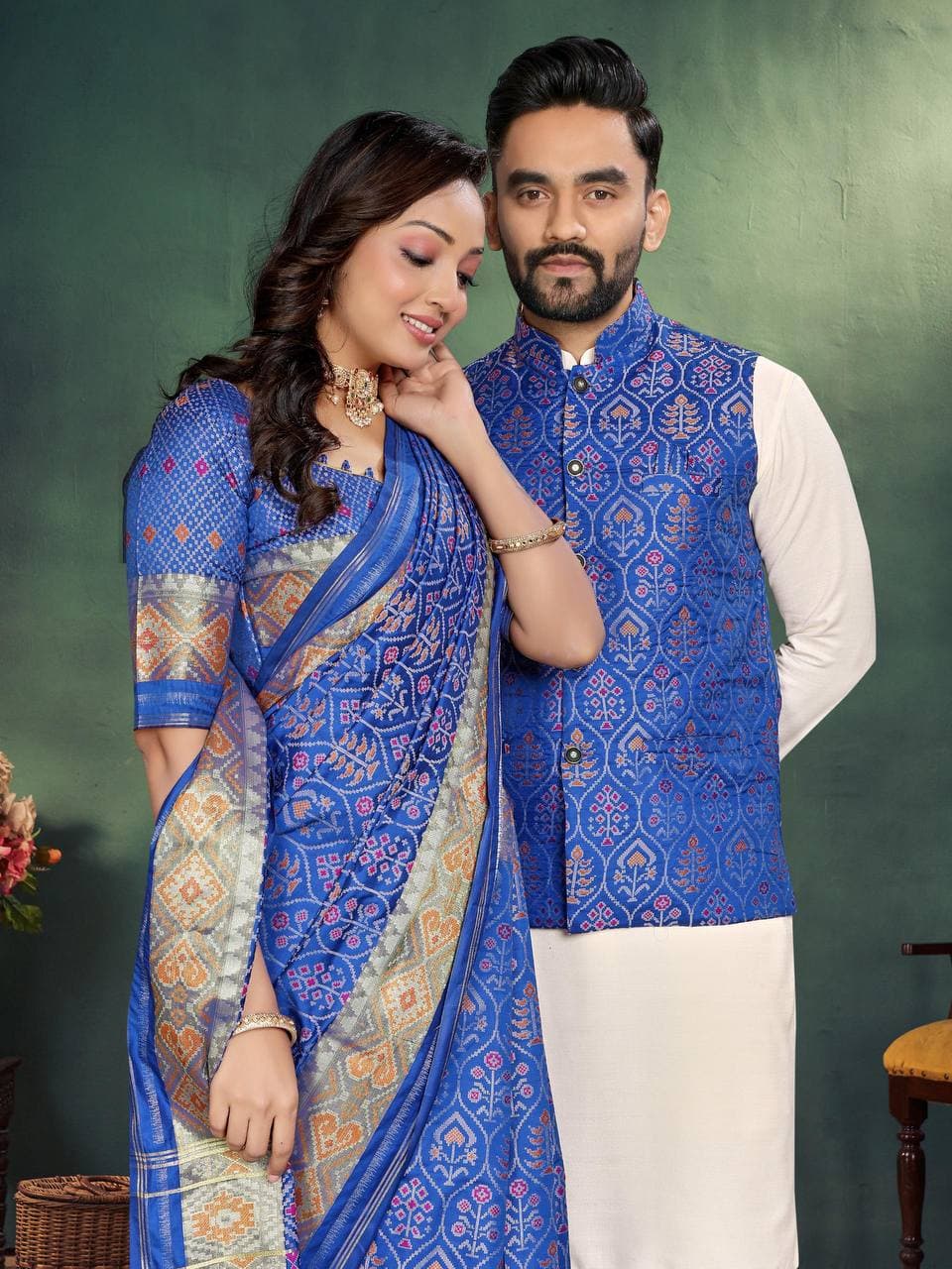 Royal Blue Silk Men's Kurta + Koti & Female Saree Couple Combo