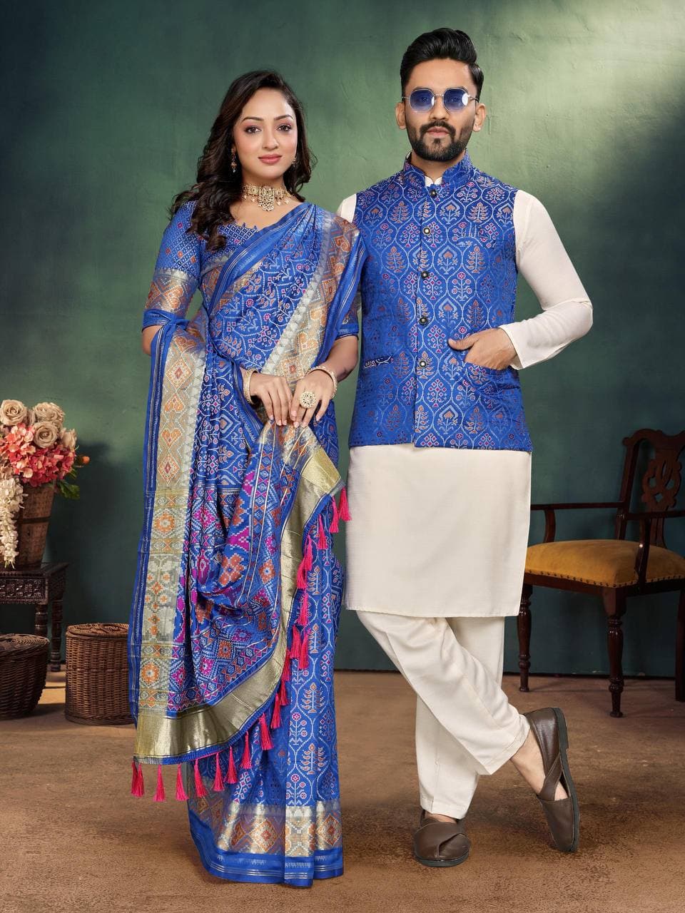 Royal Blue Silk Men's Kurta + Koti & Female Saree Couple Combo