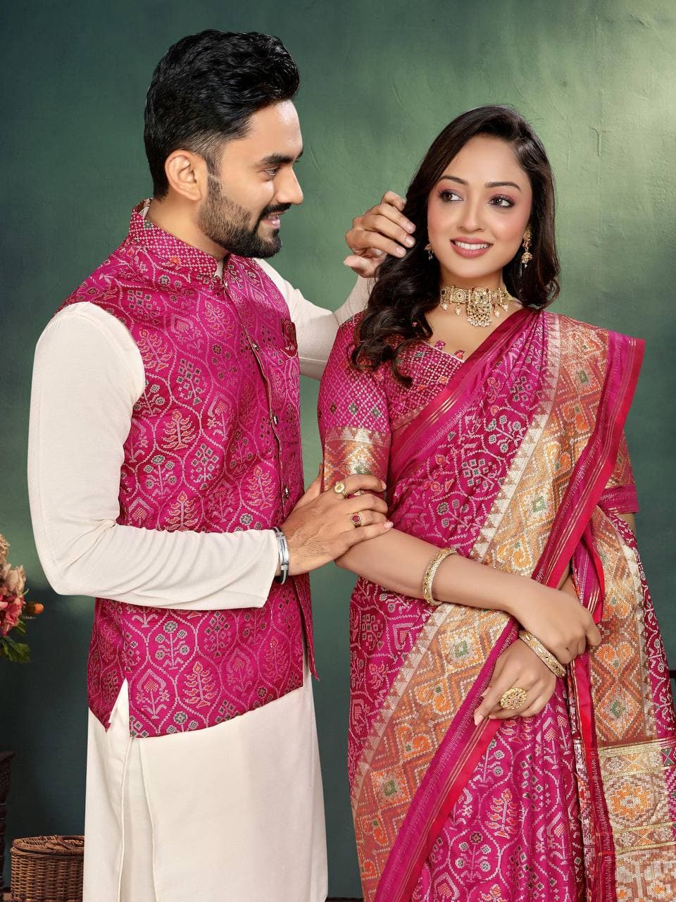 Pink Silk Men's Kurta + Koti & Female Saree Couple Combo