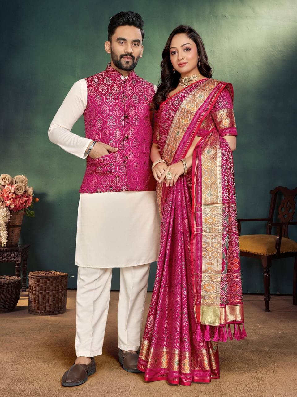 Pink Silk Men's Kurta + Koti & Female Saree Couple Combo