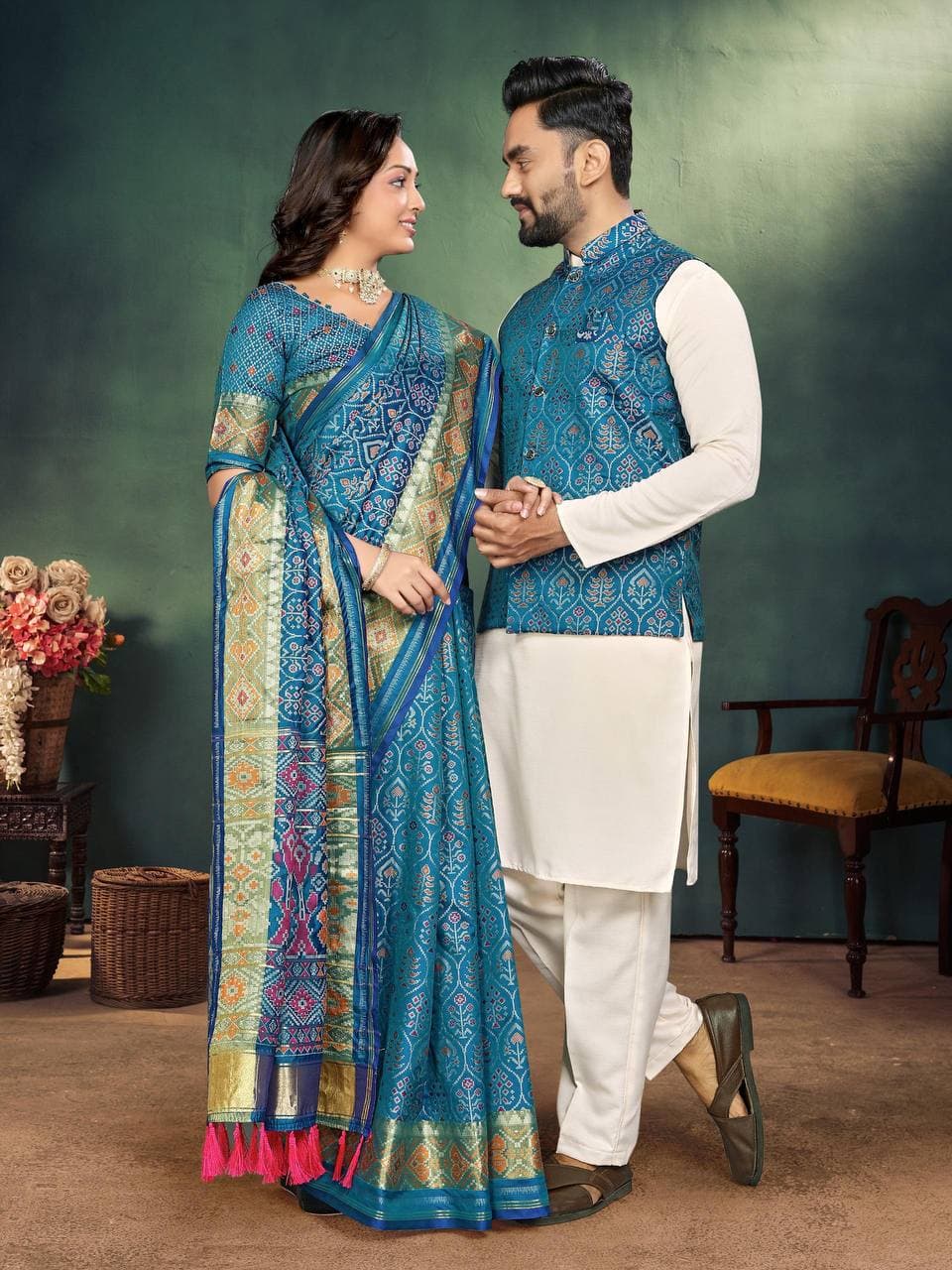 Navy Blue Silk Men's Kurta + Koti & Female Saree Couple Combo