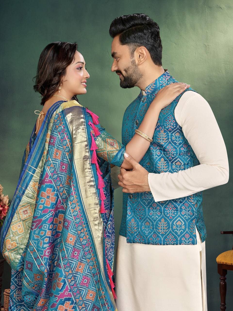 Navy Blue Silk Men's Kurta + Koti & Female Saree Couple Combo