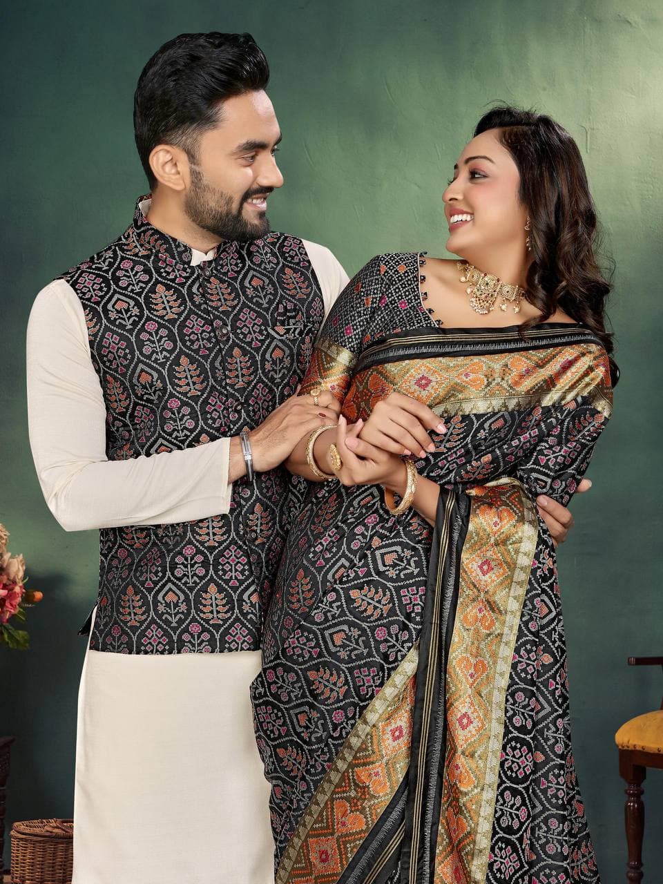 Black Silk Men's Kurta + Koti & Female Saree Couple Combo
