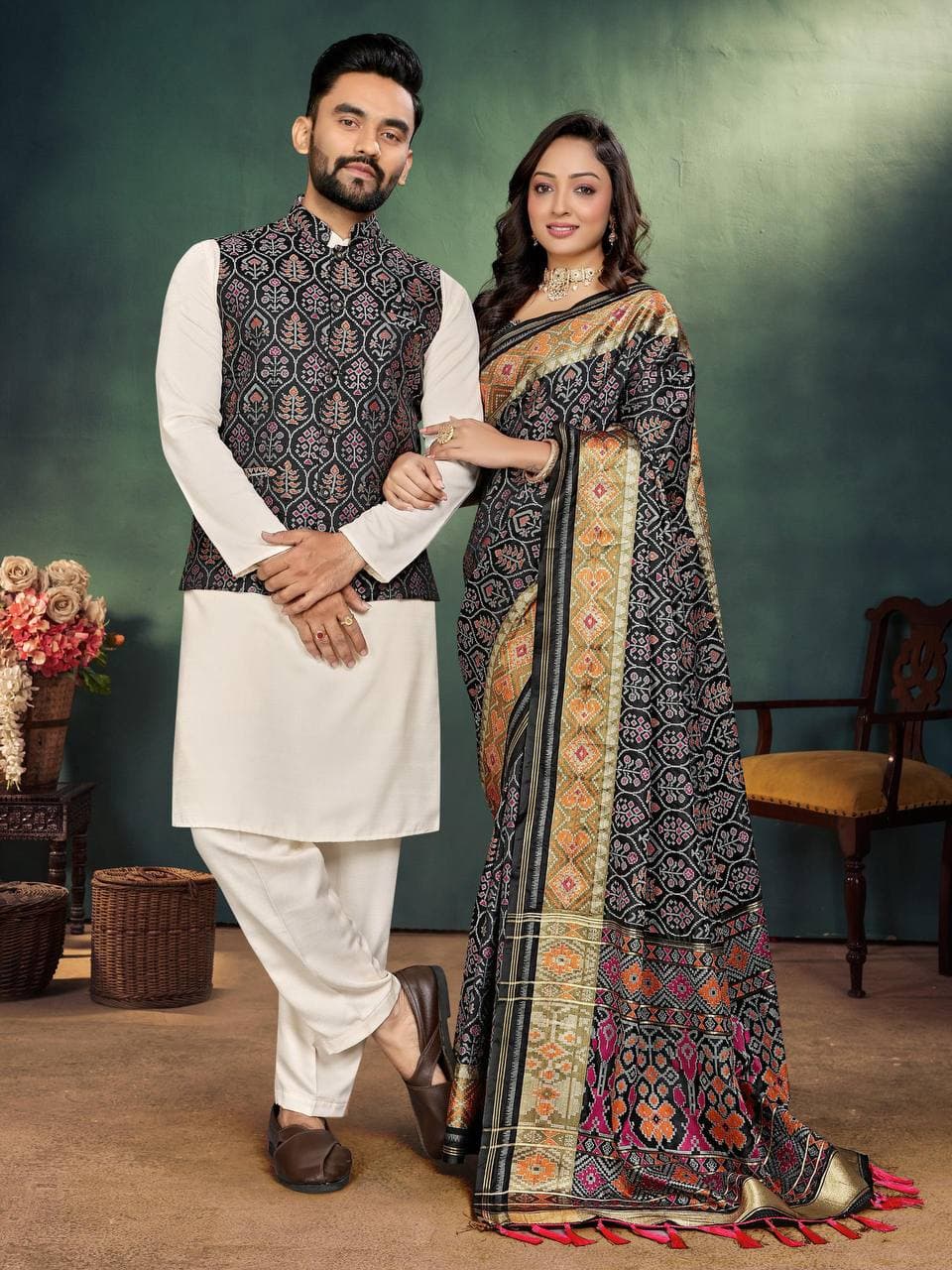 Black Silk Men's Kurta + Koti & Female Saree Couple Combo