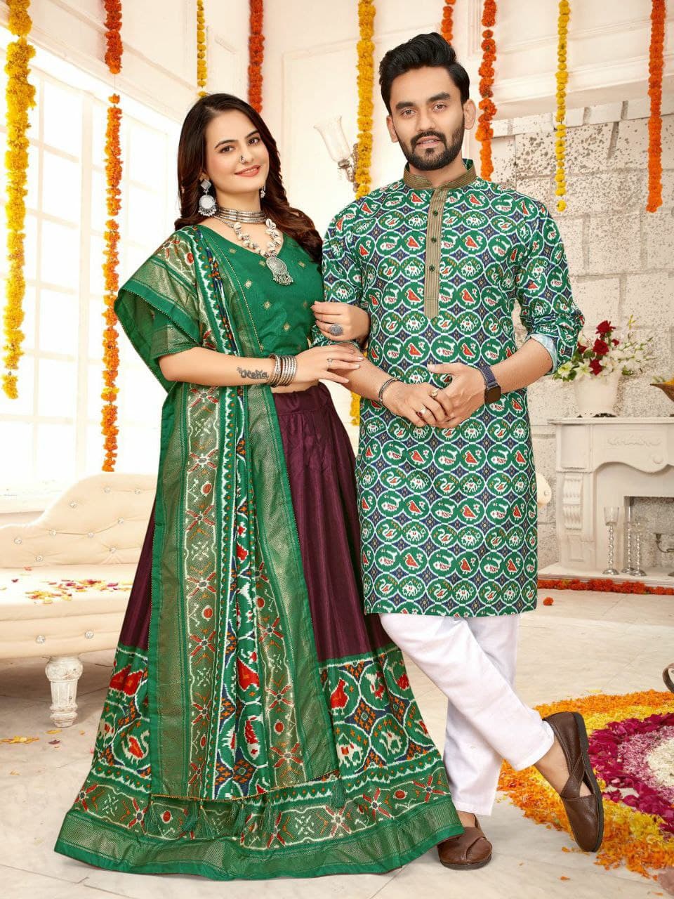Green Silk Men's Kurta & Female Saree Couple Combo