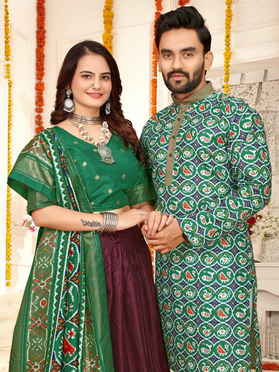 Green Silk Men's Kurta & Female Saree Couple Combo
