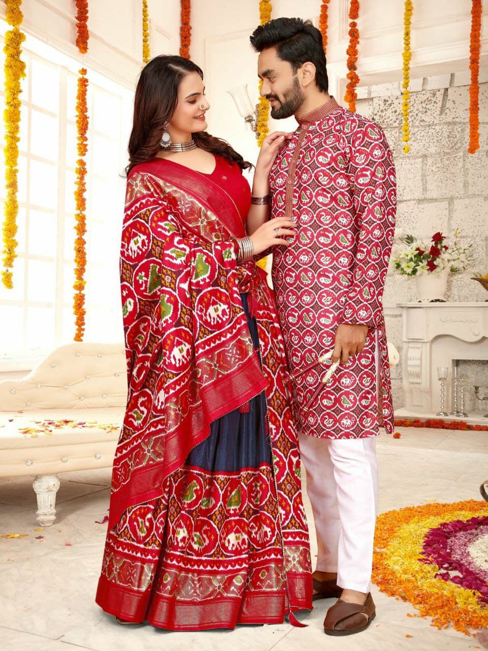 Red Silk Men's Kurta & Female Saree Couple Combo