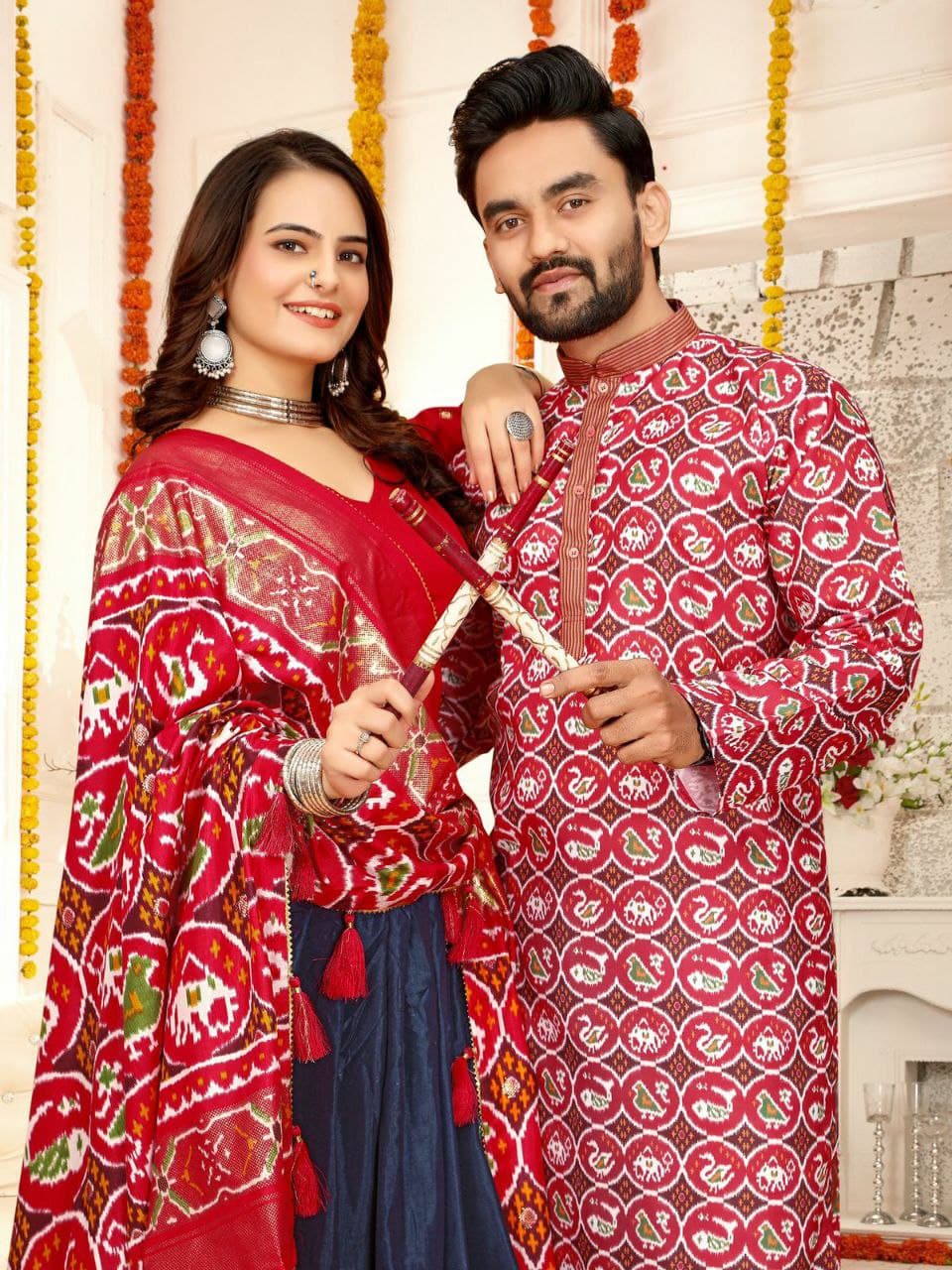 Red Silk Men's Kurta & Female Saree Couple Combo