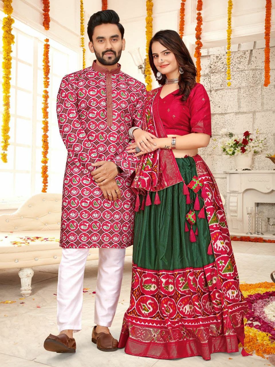 Red Silk Men's Kurta & Female Saree Couple Combo