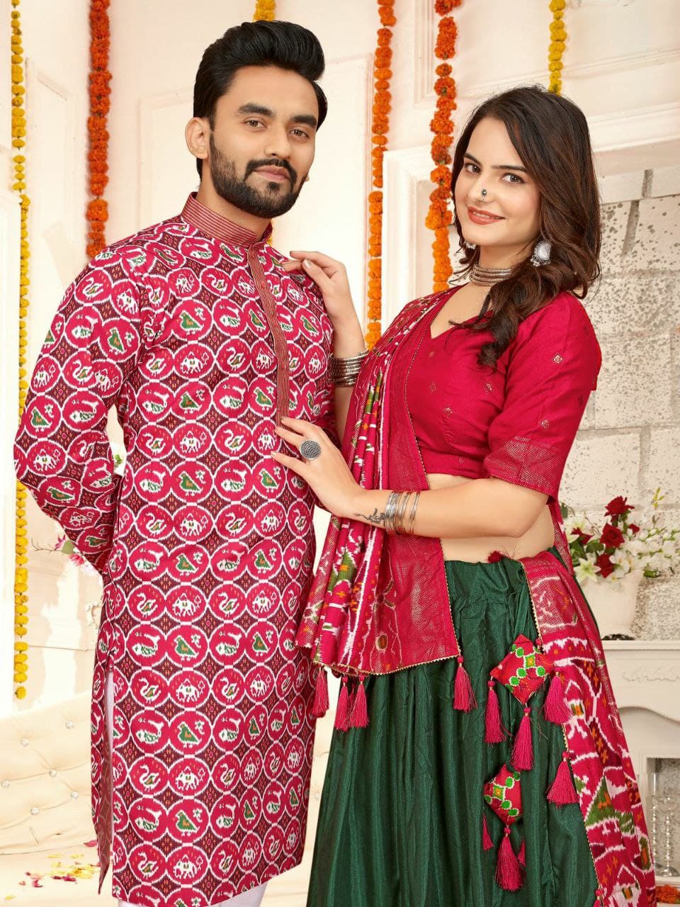 Red Silk Men's Kurta & Female Saree Couple Combo