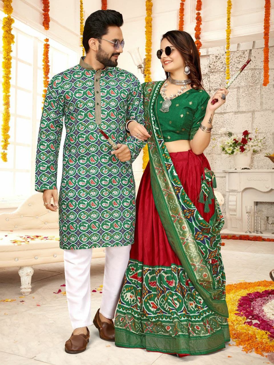 Green Silk Men's Kurta & Female Saree Couple Combo