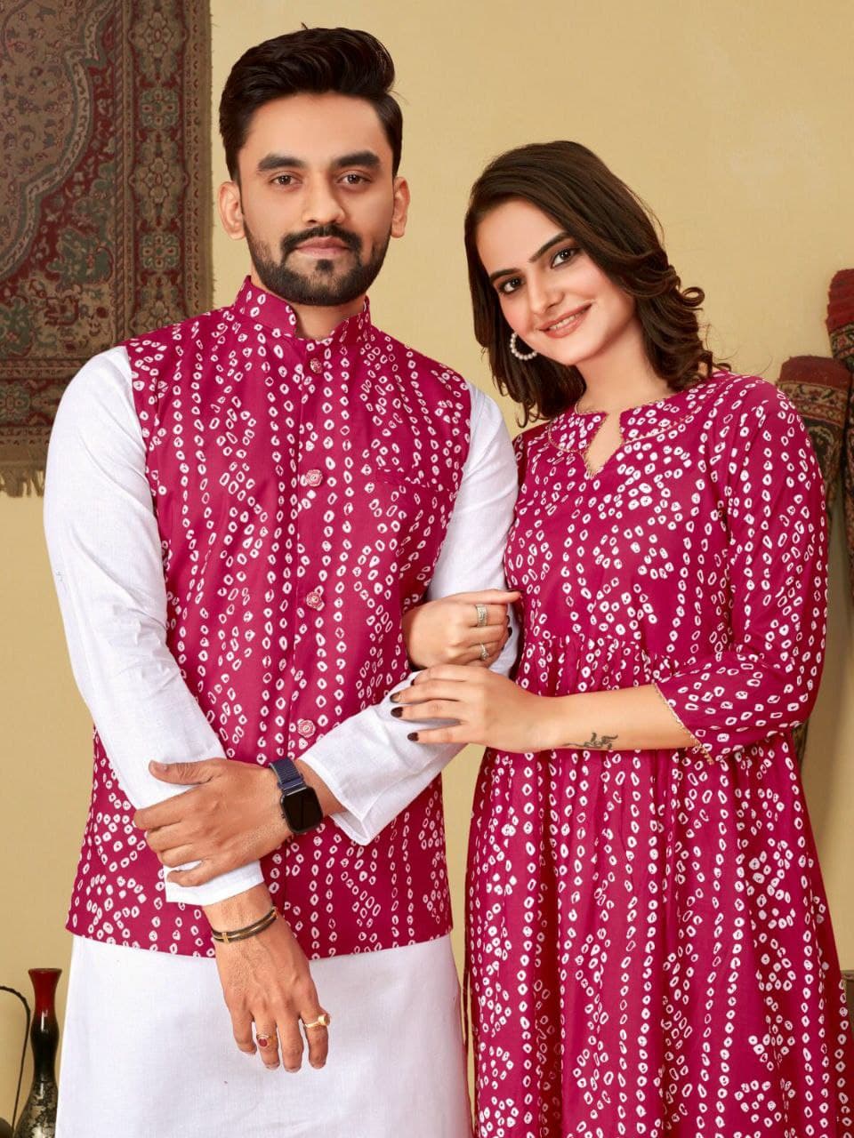 Maroon Bandhani Cotton Couple Combo – Men's Kurta & Women's Kurti Set