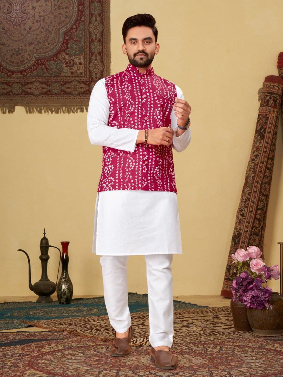 Maroon Bandhani Cotton Couple Combo – Men's Kurta & Women's Kurti Set