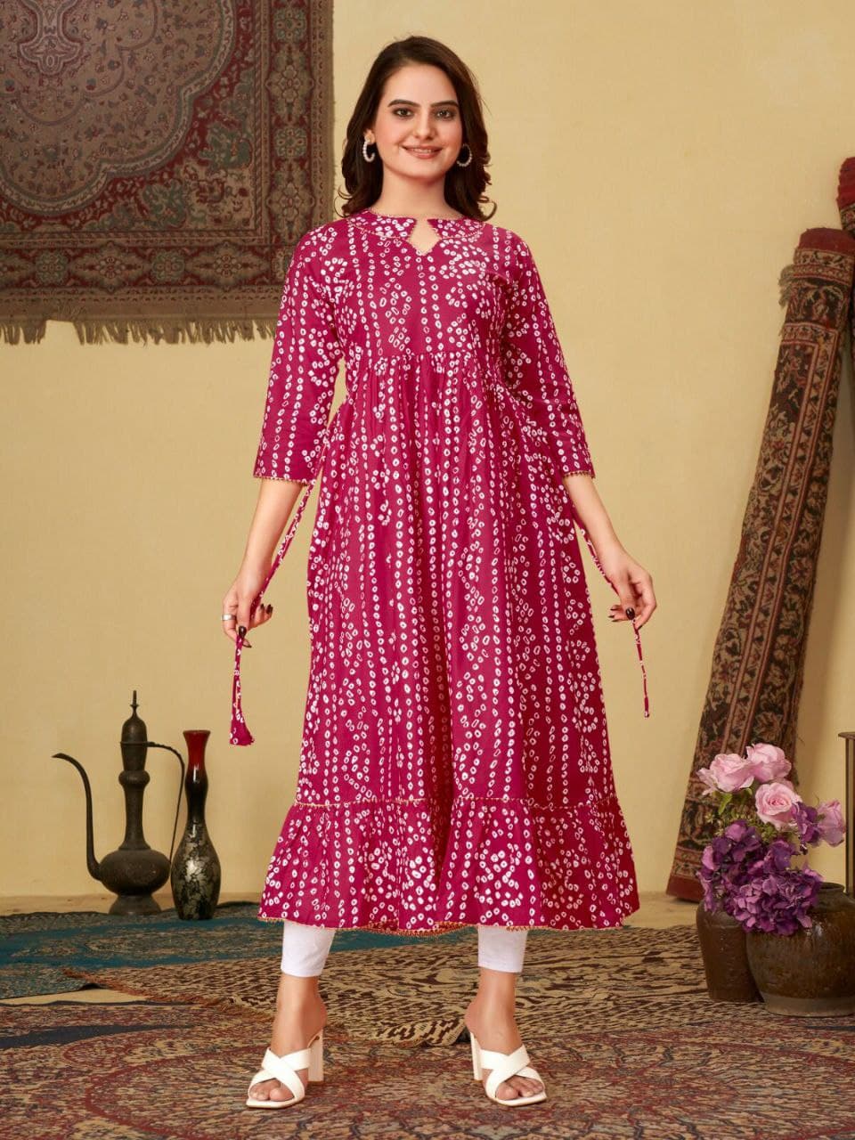 Maroon Bandhani Cotton Couple Combo – Men's Kurta & Women's Kurti Set